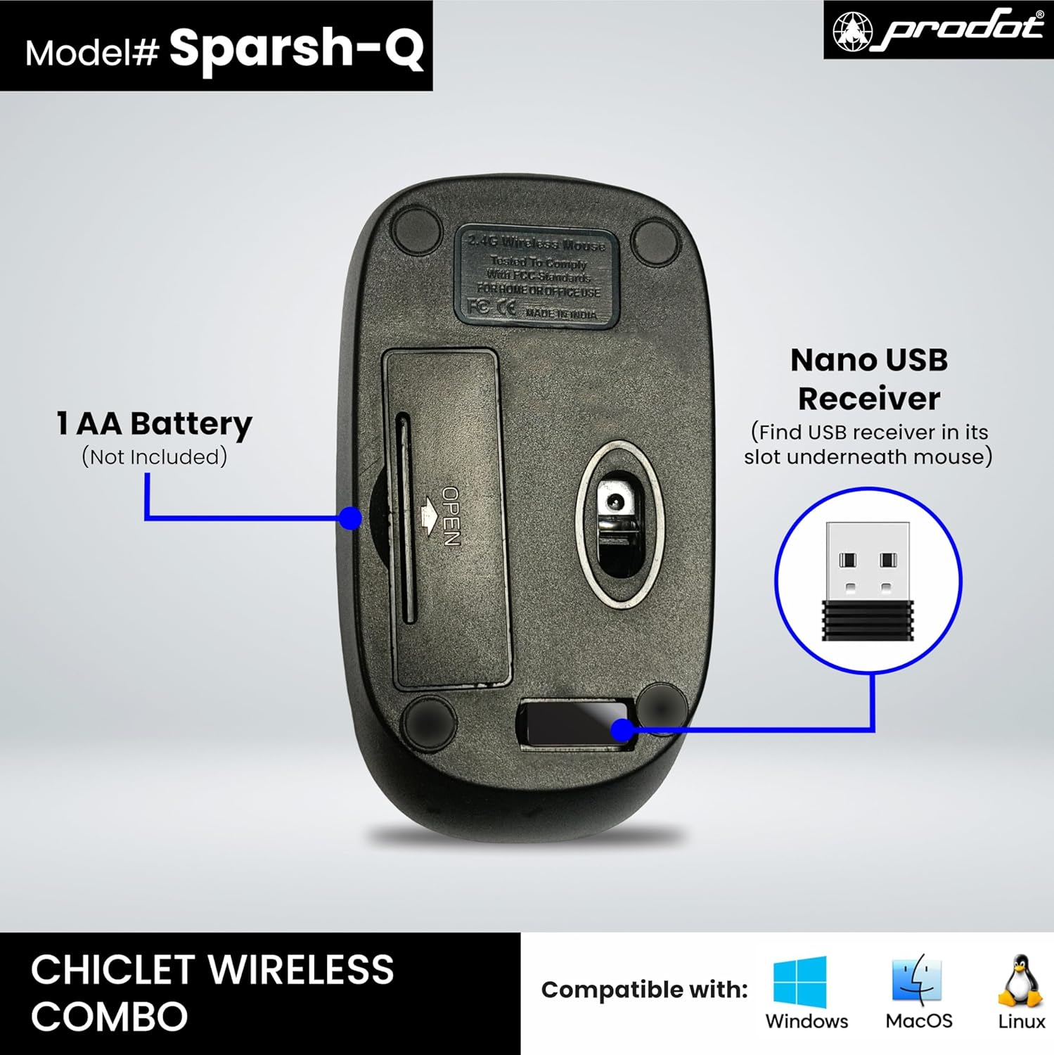 Prodot Sparsh Quad Wireless Chicklet Keyboard and Mouse Combo I Plug & Play I Adjustable 800-1600 DPI I 10M Keystrokes I Spill Resistant I 2.4Ghz 10m Range I Works with Windows, iOS, Linux thumbnail 6